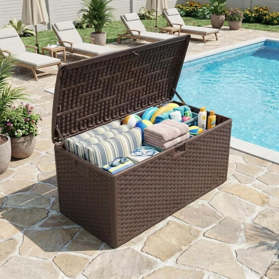 Petyee 100 Gallon Large Resin Deck Box, Outdoor Storage Container Box with side handles,Waterproof,Lockable,Brown
