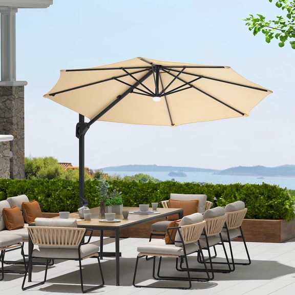 Petyee 10FT Cantilever Patio Umbrella with 360° Rotation & 8 Sturdy Ribs,Outdoor Market Table Umbrella with Hand Crank&Tilt Lock,Cross Base,Beige