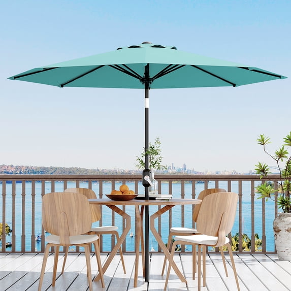 Petyee 10FT Patio Umbrella,Outdoor Market Table Umbrella with Crank Lift & Push Button Tilt,8 Ribs,Lake Blue