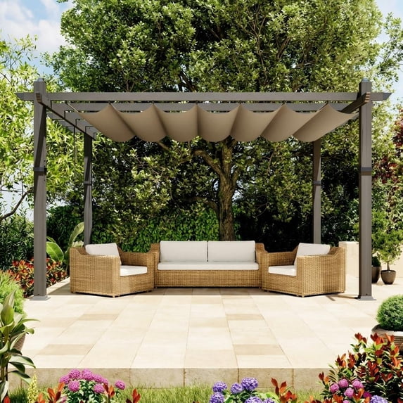 Petyee 10ft x 13ft Outdoor Retractable Aluminum Pergola, Modern Outdoor Trellis with UPF 50+ Waterproof Canopy,Gray Wood-Grain Finish,Khaki canopy