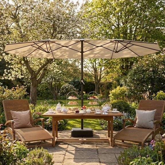 Petyee 13 ft Double-Sided Patio Umbrella,  No Base, Crank Lift, Steel Frame, Polyester Canopy, Beige