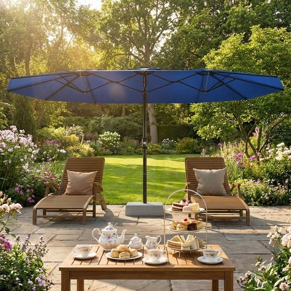 Petyee 13 ft Double-Sided Patio Umbrella, No Base, Crank Lift, Steel Frame, Polyester Canopy, Navy Blue