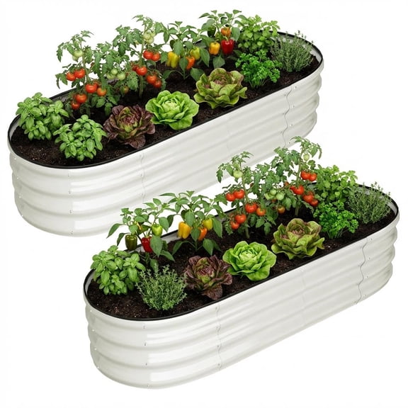 Petyee 2 Pack 4.5x2x1.5 ft Oval Galvanized Raised Garden Bed, Outdoor Metal Planter Box with Open Base for Vegetables, Flowers, White