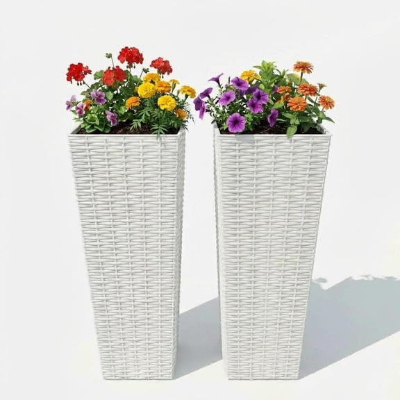 Petyee 24" Tall Rattan Planter Pots Set of 2, Garden Planters with Removable Liners & Drainage Holes, White
