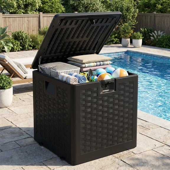 Petyee 28 Gallon Resin Deck Box, Small Outdoor Storage Box with Lockable Lid, Waterproof , Black