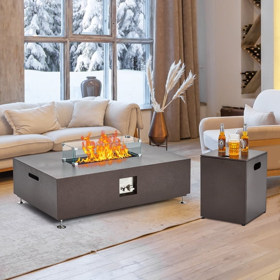 Petyee 48" Outdoor Propane Fire Pit Table with Side Table, 50,000 BTU Rectangle Fire Table w/Wind Guard, Fire Glass & Waterproof Cover for Patio, Deck, Garden, Indoor
