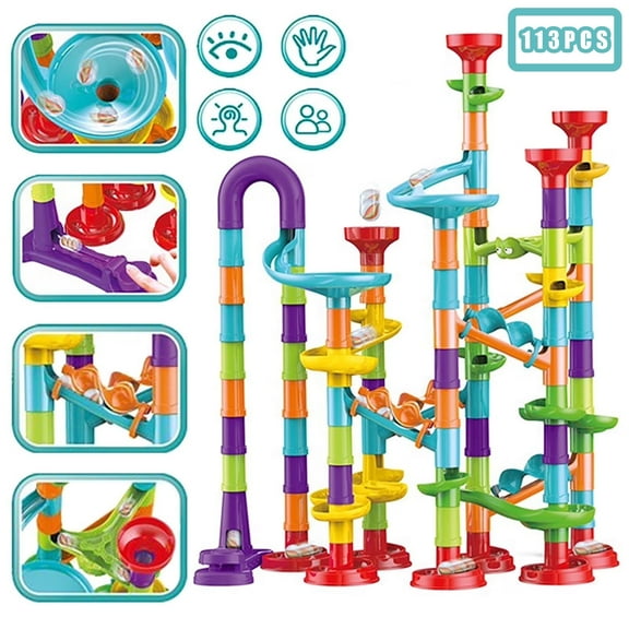 Petyoung Glow Marble Run Elevator STEM Toy Set, 113-Piece Educational Building Blocks for Kids Ages 4-8