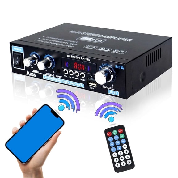 Petyoung AK35 Bluetooth Amplifier - 30W2 Stereo Receiver for Car/Home/Outdoor, 100W Peak, FM/USB/TF/AUX, Bass Treble Control