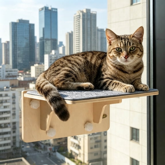 Petyoung 2-in-1 Cat Window Perch & Wall Shelf with Washable Cover Mat, Solid Wood, Strong Suction Cup, Cat Hammock  for Kitten, 16"x10"
