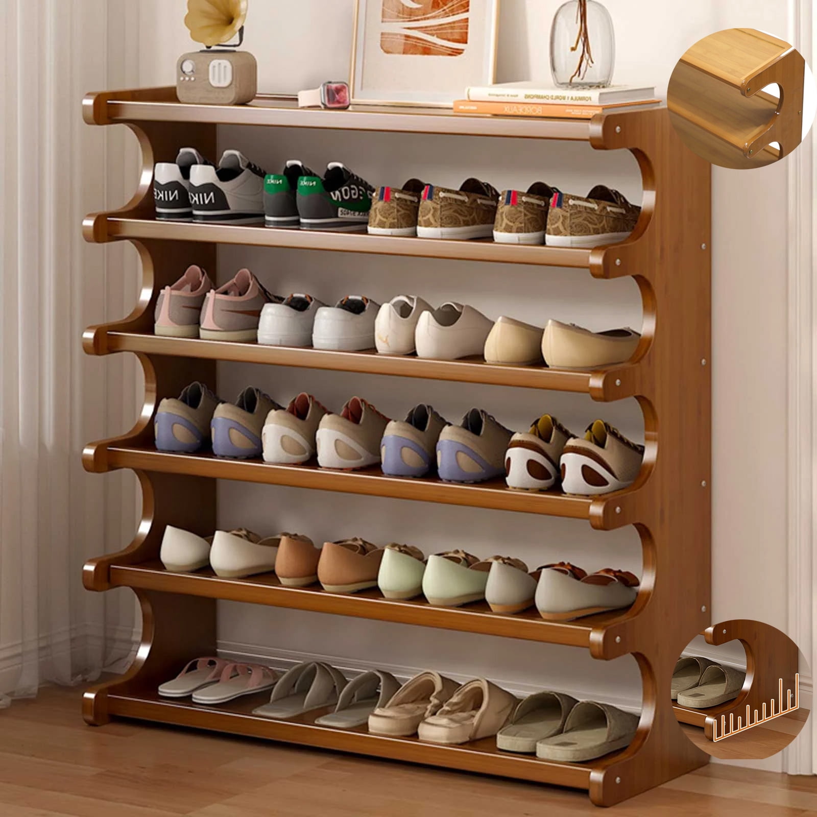 Petyoung 6 Tiers Shoe Rack, Bamboo Vertical Shoe Organizer, Free