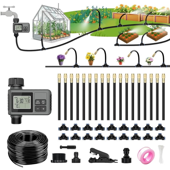 Petyoung 60FT Drip Irrigation System with Water Timer, Automatic Garden Watering Kit with Bendable Hose and Adjustable Nozzles for Greenhouse