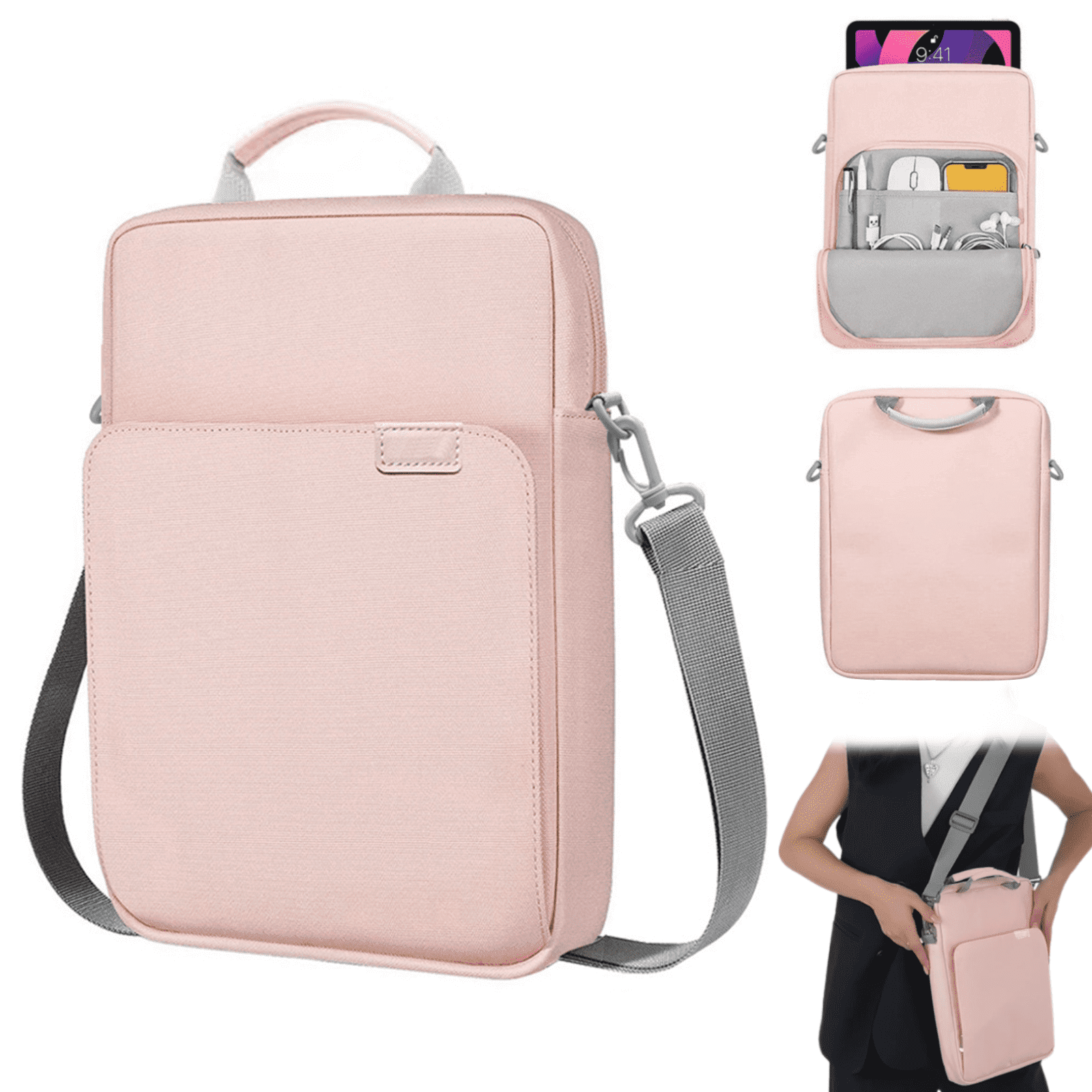 Petyoung 9-11" Tablet Sleeve Bag Case with Shoulder Strap for iPad 10.2 2021-2019, iPad 10th 2022, iPad Air 5/4 10.9, iPad Pro 11 2022-2018, Galaxy Tab S9/S8/A8/A7 2023, Pink