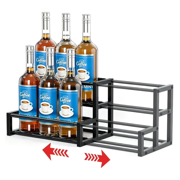 Petyoung Expandable Coffee Syrup Organizer, Adjustable Width Wine Rack 6-12 Bottles, Space-Saving Storage for Syrup, Liquor, Dressing