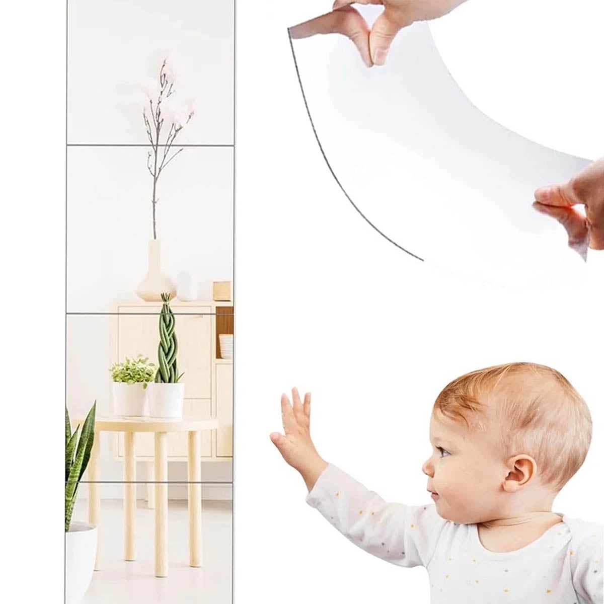 Petyoung Glass Full Length Wall Mirror Tiles, 12x12'' Self Adhesive