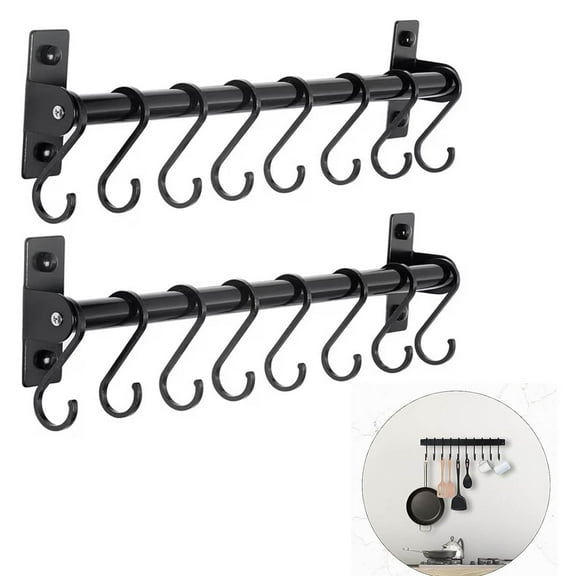 Petyoung Kitchen Utensil Holder Rail with 8 Hooks, Wall Mounted Pot Rack, 40cm Black, Pack of 2