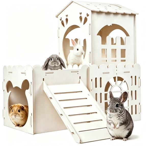 Petyoung Large Bunny Cage Indoor, Wooden Rabbit Hutch House with Ramp & Multi-Room, Guinea Pig Hideout Bunny Castle, for Rabbits Hamsters Small Pet