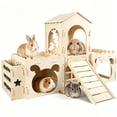 thumbnail image 1 of Petyoung Large Bunny Castle with Hay Feeder, Wooden Rabbit Hideout with Ramp, Detachable Multi-Room Playhouse for Rabbits, Guinea Pigs, Small Animals, 1 of 8