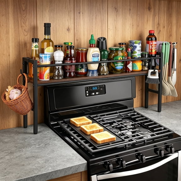 Petyoung Over the Stove Shelf with 4 Hooks, 32.3*5.4*15.8" Spice Rack for Kitchen, Rustic Wood & Solid Metal, for Storage Seasoning, Space-Saving