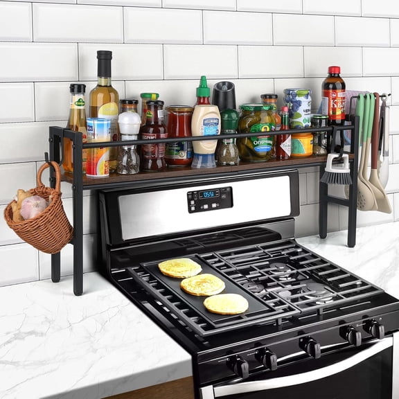 Petyoung Over the Stove Shelf with 4 Hooks, 32.3*5.4*15.8" Spice Rack for Kitchen, Rustic Wood & Solid Metal, for Storage Seasoning, Space-Saving
