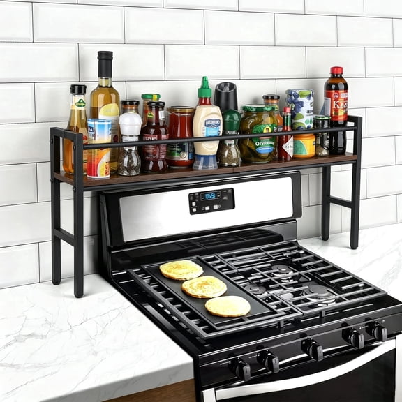 Petyoung Over the Stove Shelf with 4 Hooks, 32.3*5.4*15.8" Spice Rack for Kitchen, Rustic Wood & Solid Metal, for Storage Seasoning, Space-Saving