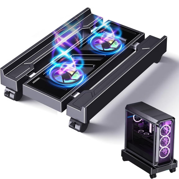 Petyoung PC Stand for Floor, Adjustable Computer Tower Stand with Cooler Fan RGB Light and 4 Locking Caster Wheels, for Students Gamers