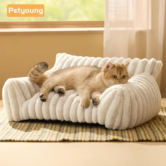 Petyoung Pet Couch Bed,24" Fluffy Cat Sofa Recliner with Soft Corduroy Fleece,Fuzzy Cat Bed with Removable Washa Cover, Cream