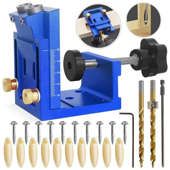 Petyoung Pocket Hole Jig Tool Kit,Pocket Hole Drill Guide Jig Set for 15 Angled Holes,Portable Wood Pocket Hole Screw Clamp System for Woodworking,Blue,Adjustable Carpentry Tool (Blue)