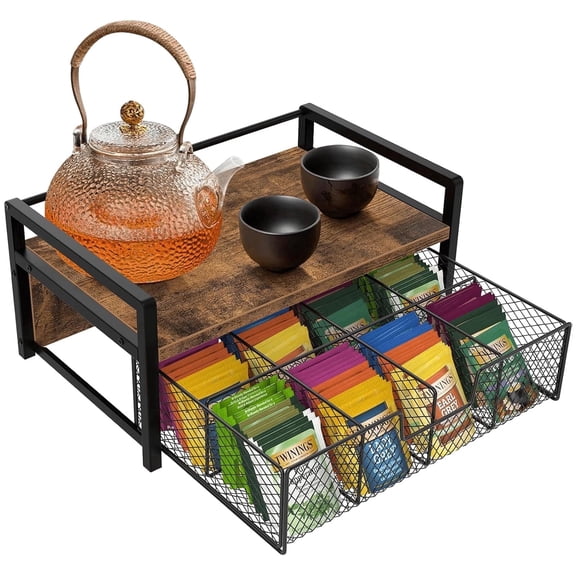Petyoung Tea Bag Organizer with Storage Drawer, Wooden Tea Station Chest for Countertop Kitchen, Teabag Holder Display Box, Rustic Brown