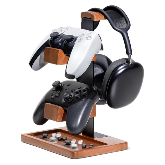 Petyoung Wood Headphone Stand, Controller Holder, Dual Universal Gamepad Organizer Rack for Desk, Ideal Gift for Son, Husband, Boyfriend