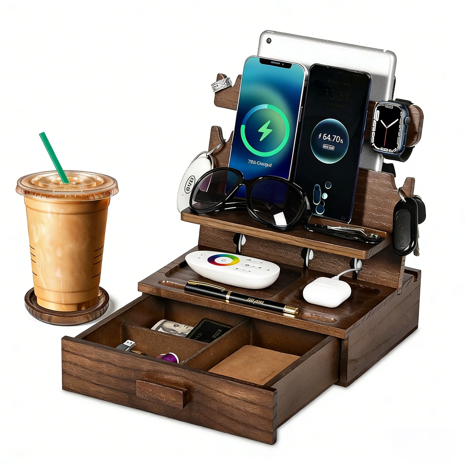 Petyoung Wood Phone Docking Station for up to 3 Phones - Nightstand Organizer with Drawer, Coaster, Compatible with Tablets, Glasses, Watches & EDC