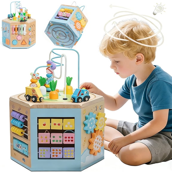 Petyoung Wooden Activity Cube, 14-in-1 Montessori Toy for 3+ Year Olds, Early Educational Baby Toddler Toy with Bead Maze