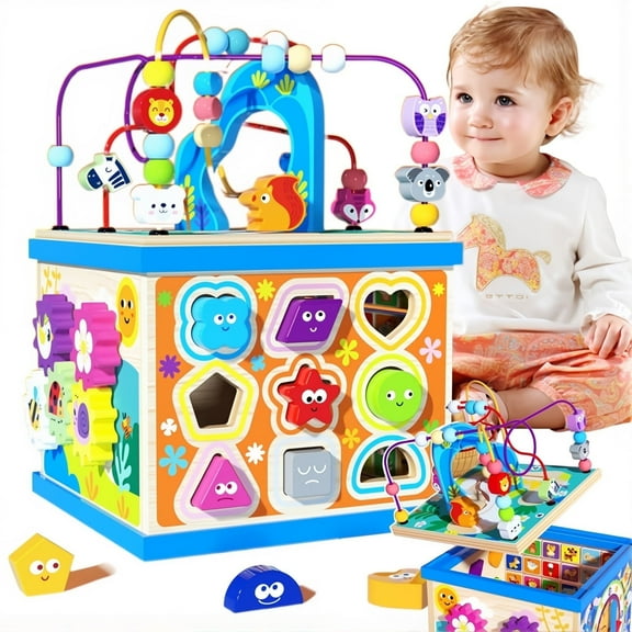 Petyoung Wooden Activity Cube, 5-in-1 Montessori Toy for 3+ Years, with Bead Maze & 5 Multicolor Sides, Ideal Gift for Boys & Girls