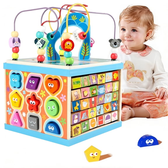 Petyoung Wooden Activity Cube, 5-in-1 Montessori Toy for 3+ Years, with Bead Maze & 5 Multicolor Sides, Ideal Gift for Boys & Girls