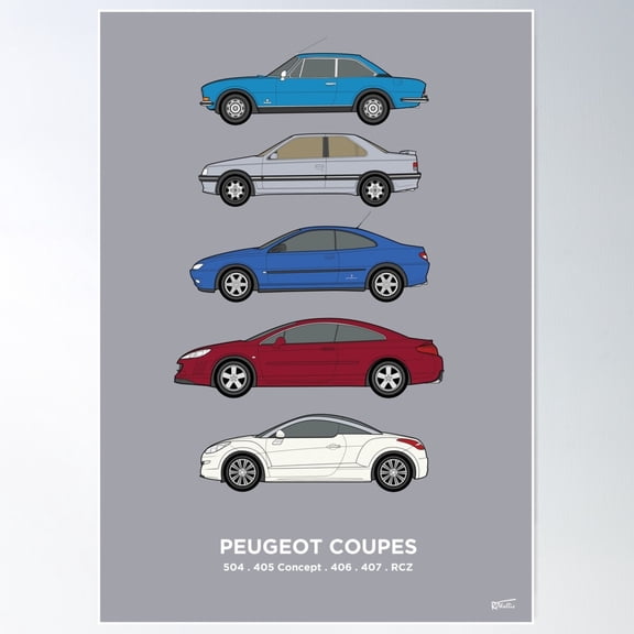 Peu Geot Coupes Classic Car Collection 504, 405 Concept, 406, 407, Rcz Poster Wall Art, Modern Wall Decor, 8x12 UNFRAMED