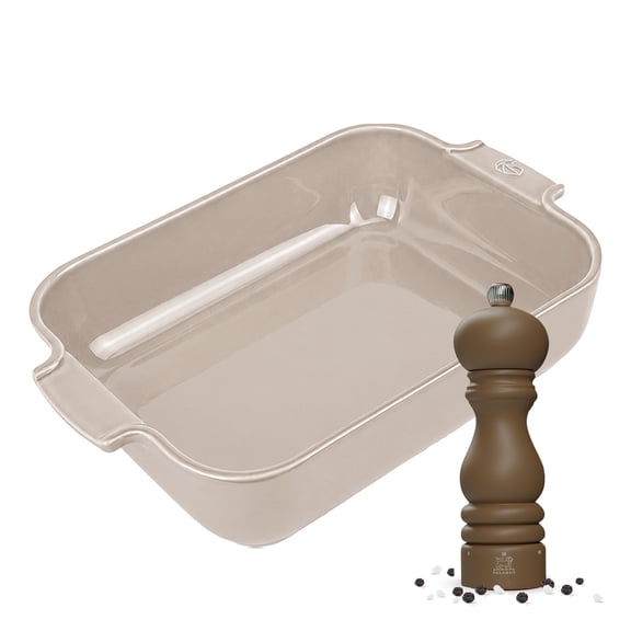 Peugeot Appolia Rectangular Baker & Pepper Mill - Ash/Mocha - 11" x 15" Ceramic Stoneware Baking Dish & 7" PEFC Beechwood Pepper Mill, 6 Adjustable Settings & Stainless Steel Mechanism