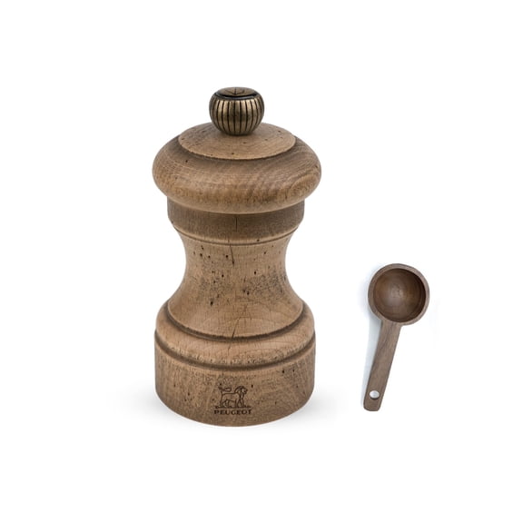 Peugeot Bistro Antique Gift Distressed Beechwood 4- inch Pepper Mill, With Wooden Spice Scoop