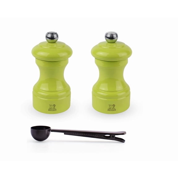 Peugeot Bistro Manual Salt & Pepper Mill Gift Set, Gloss Painted Wood, 10 cm - 4- With Stainless Steel Spice Scoop/Bag Clip (Pistachio Lacquer)