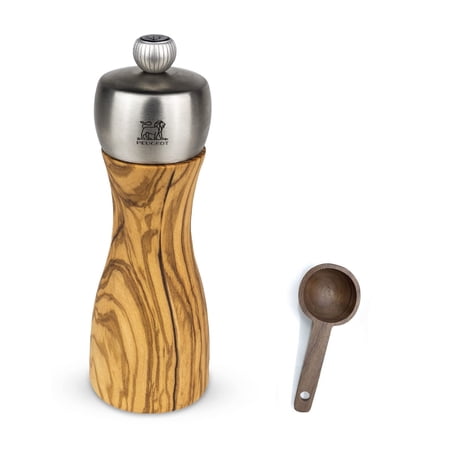 Peugeot Classic Fidji Pepper Mill Gift Set, Olive Wood, 15 cm - With Wooden Spice Scoop