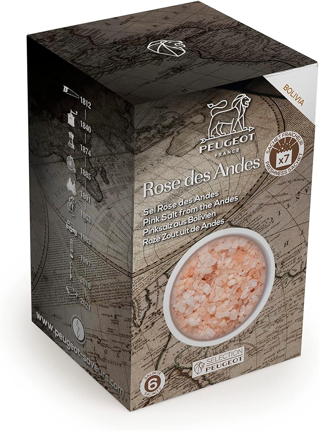 Peugeot Coarse Pink Cooking Salt from Bolivia, 350g - 7 fresh sachets of 50g