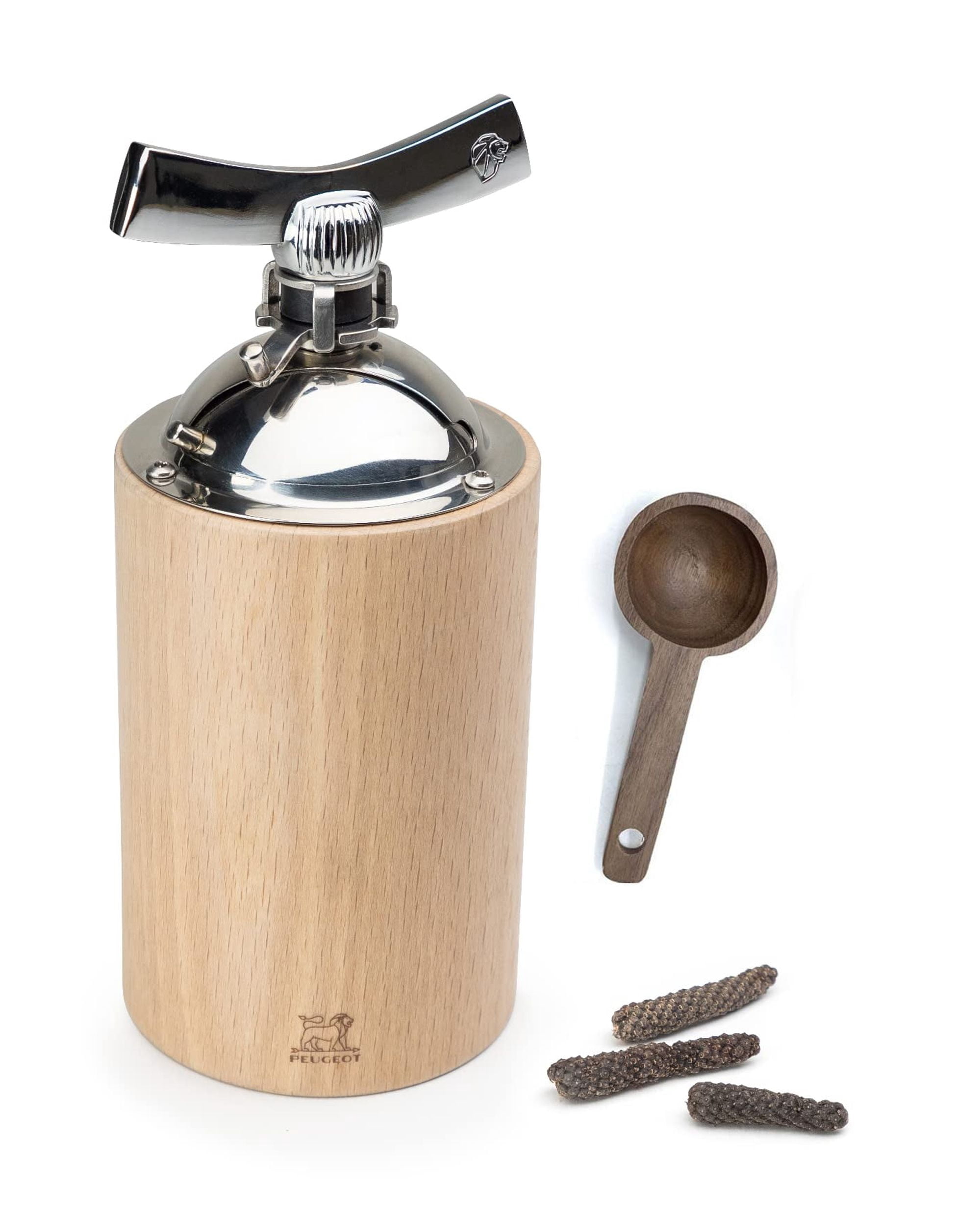 Peugeot Isen Long Pepper and Large Peppercorn Mill, 6.25 inch, Natural - With Wooden Spice Scoop Spoon