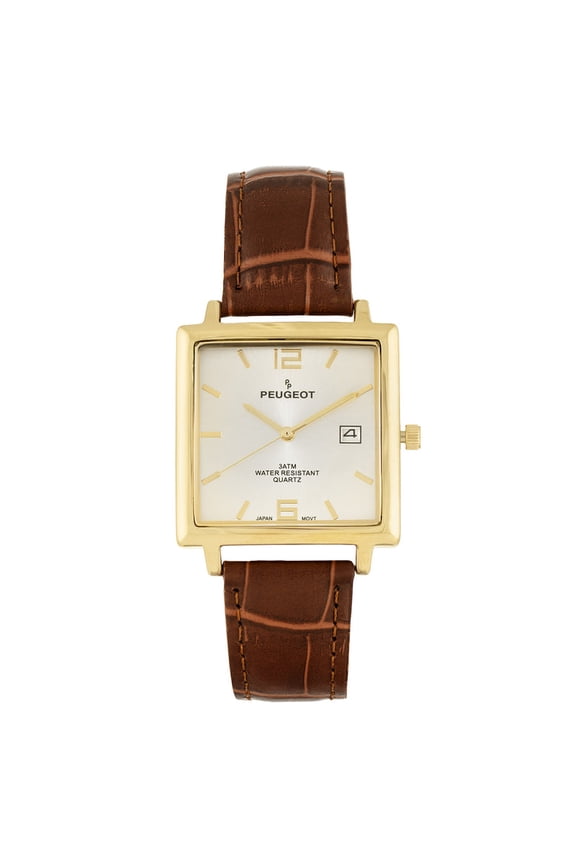 Peugeot Men's 35mm 14K Gold Plated Square Watch with Brown leather Strap