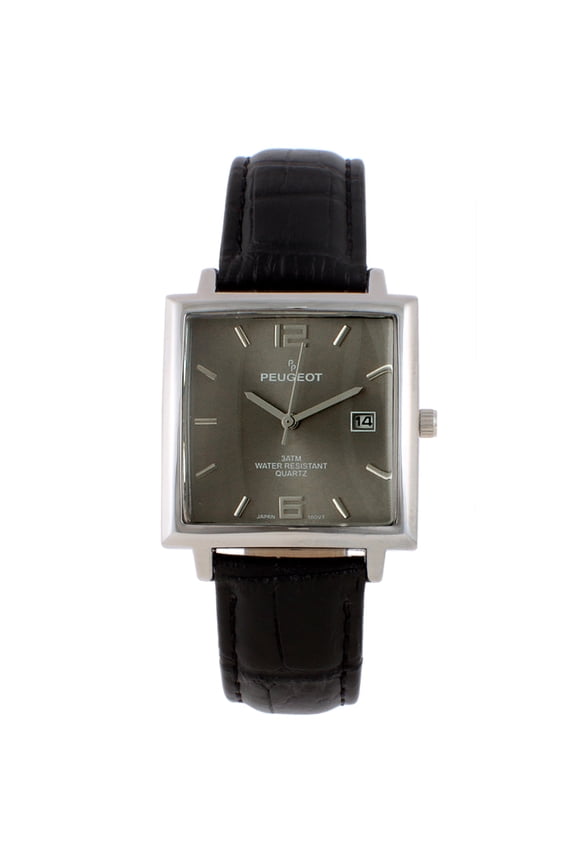Peugeot Men's 35mm Gray Dial Square Watch with Black leather Strap