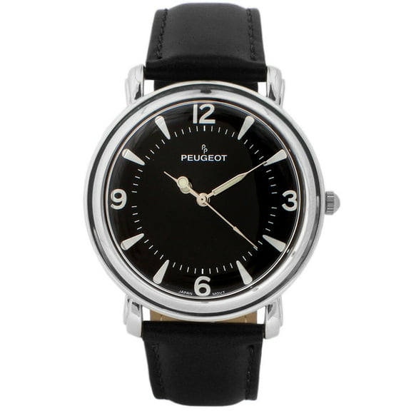 Peugeot Men's 38mm Black Dial Retro Design Calf Skin Leather Strap watch