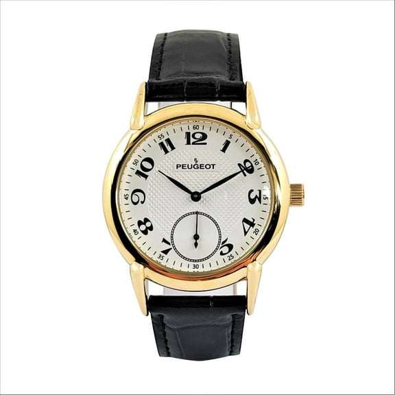 Peugeot Men’s Vintage 38mm Round Gold Plated Watch with Black Leather Band