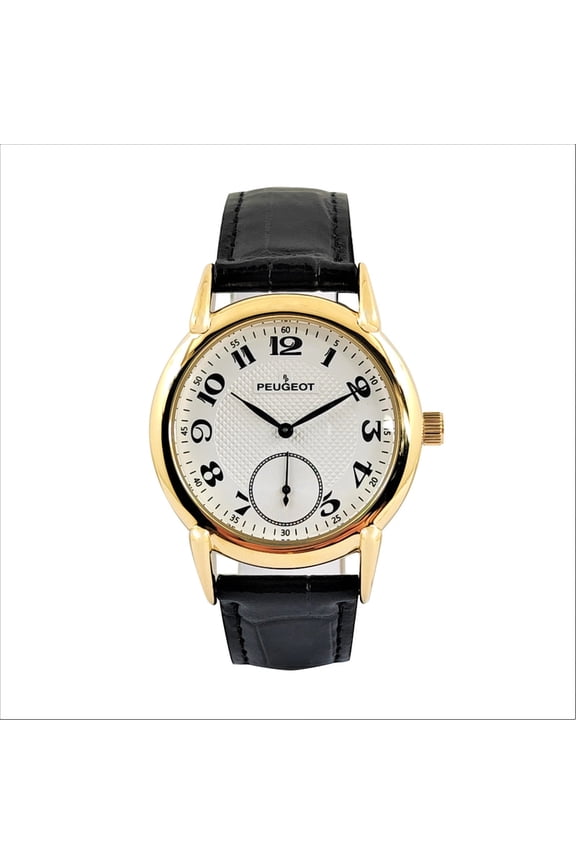 Peugeot Mens Vintage 38mm Round Gold Plated Watch with Black Leather Band
