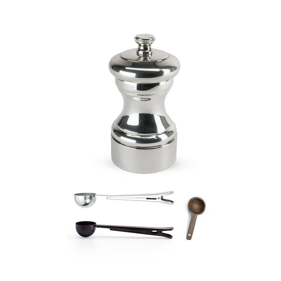 Peugeot Mignonnette Silver-Plated Pepper Mill Gift Set, 10cm/4-Inch - With 3 Stainless Steel/Wood Spice Scoops