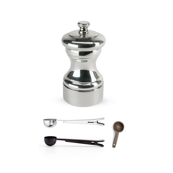 Peugeot Mignonnette Silver-Plated Salt Mill Gift Set, 10cm/4-Inch - With 3 Stainless Steel/Wood Spice Scoops