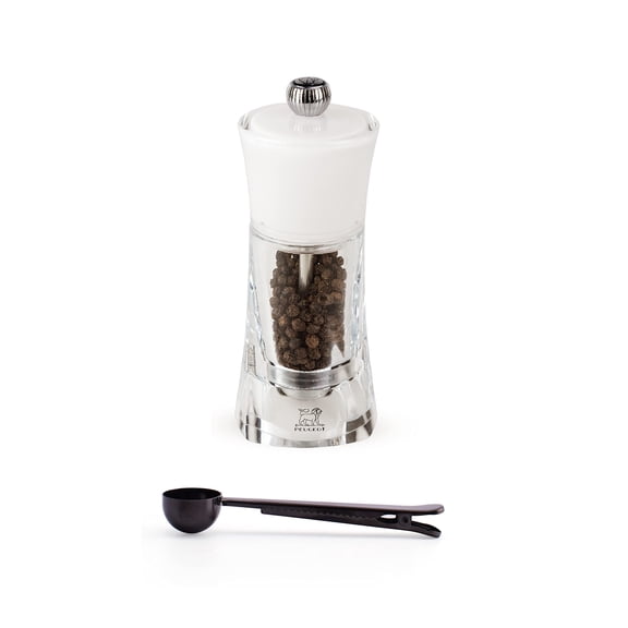 Peugeot Molene Pepper Mill Gift Set, 5.5-Inch, White - With Stainless Steel Spice Scoop/Bag Clip