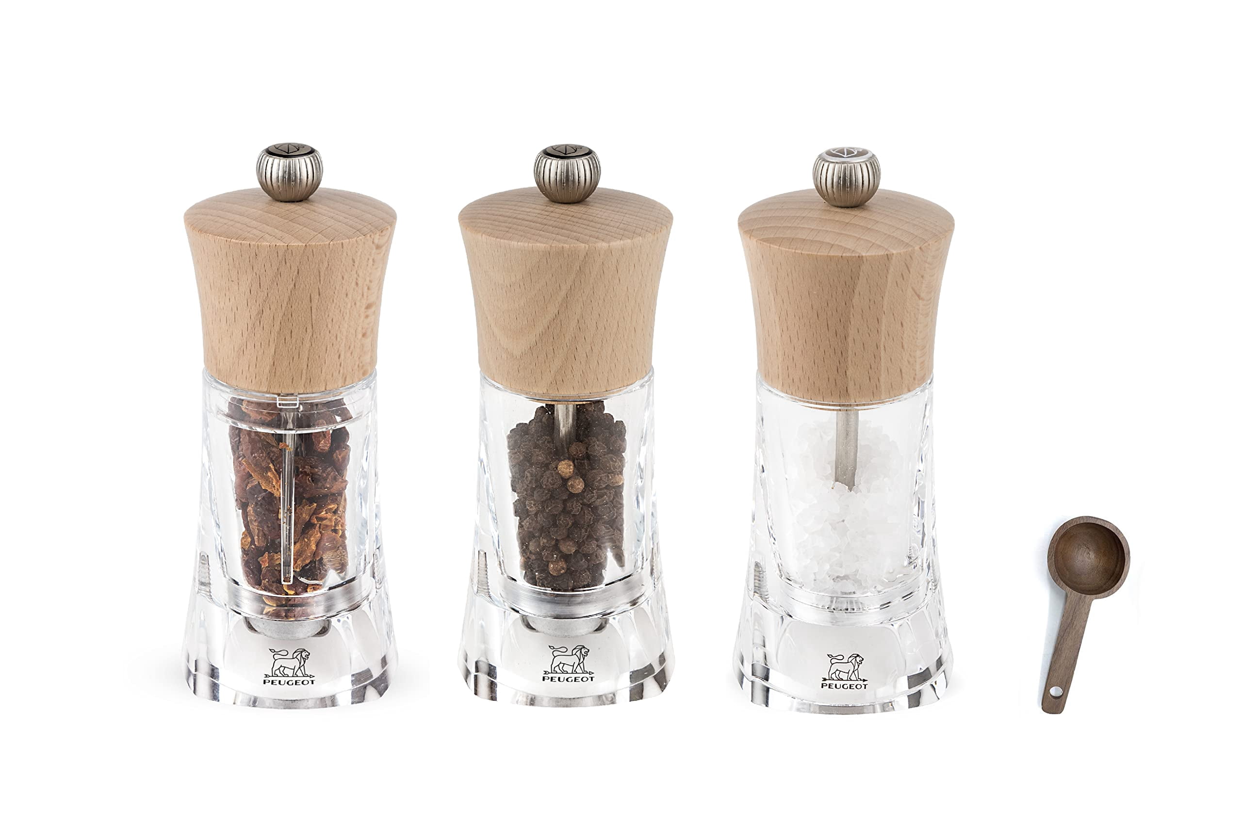 Peugeot - Oleron Manual Mill Chile, Salt, & Pepper Mill- Transparent Adjustable Grinder - Acrylic and Beechwood, Natural, 5.5 Inches - With Wooden Spice Scoop Spoon