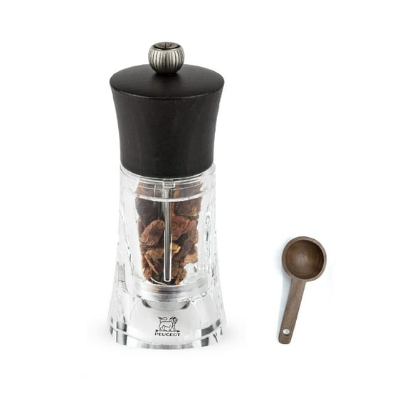 Peugeot - Oleron Manual Mill Chili Mill - Transparent Adjustable Grinder - Acrylic and Beechwood, Chocolate, 5.5 Inches - With Wooden Spice Scoop Spoon